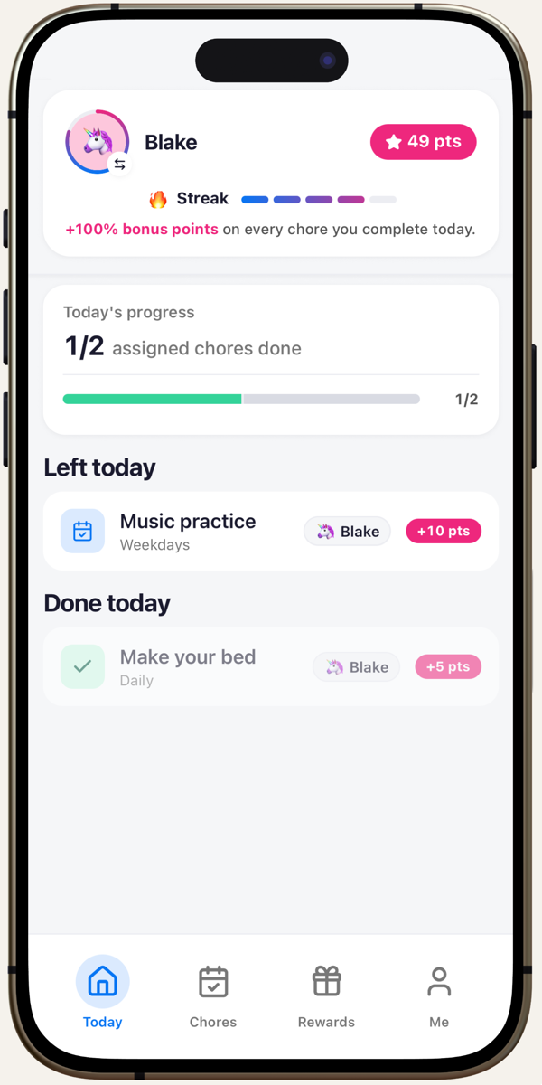 Groove Home — a kid’s view of their chores and points