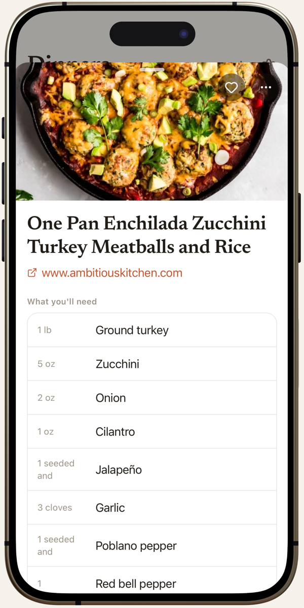 PlanDinner — a recipe and its ingredients