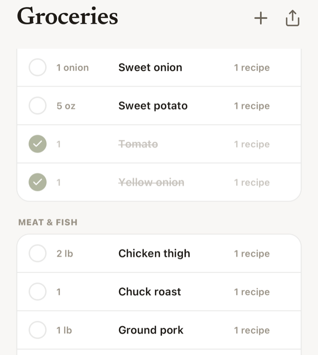PlanDinner — the grocery list, grouped by section