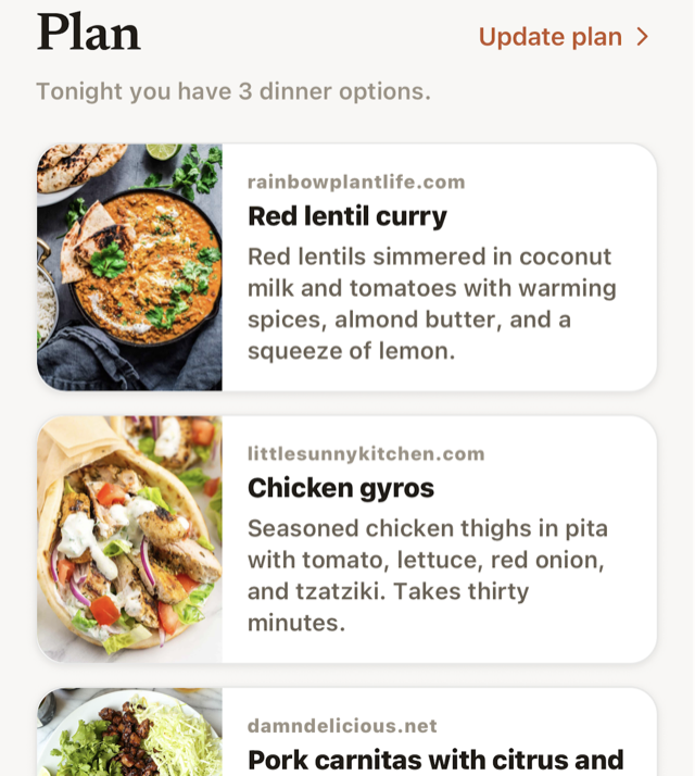 PlanDinner — tonight’s shared dinner plan with three options